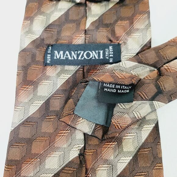 Silk Manzoni Men's Brown and Cream Neck Tie - Elegant Academia Professional - Picture 5 of 6
